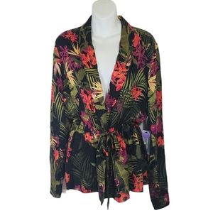Worthington Floral Tropical Jacket Blazer Waist Tie Size Large